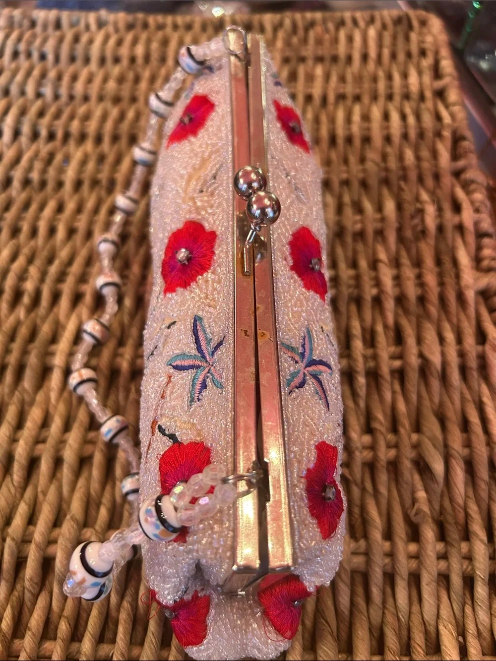 Embroidered Floral Clutch - Red Flowers on Ivory